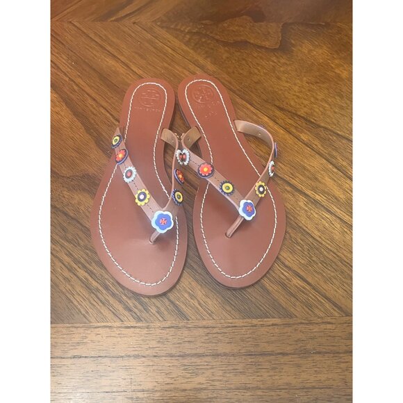 TORY BURCH Margierite Leather Flower Accents Flip Flop  Flat Thongs Sandals sz 6 - Picture 2 of 8